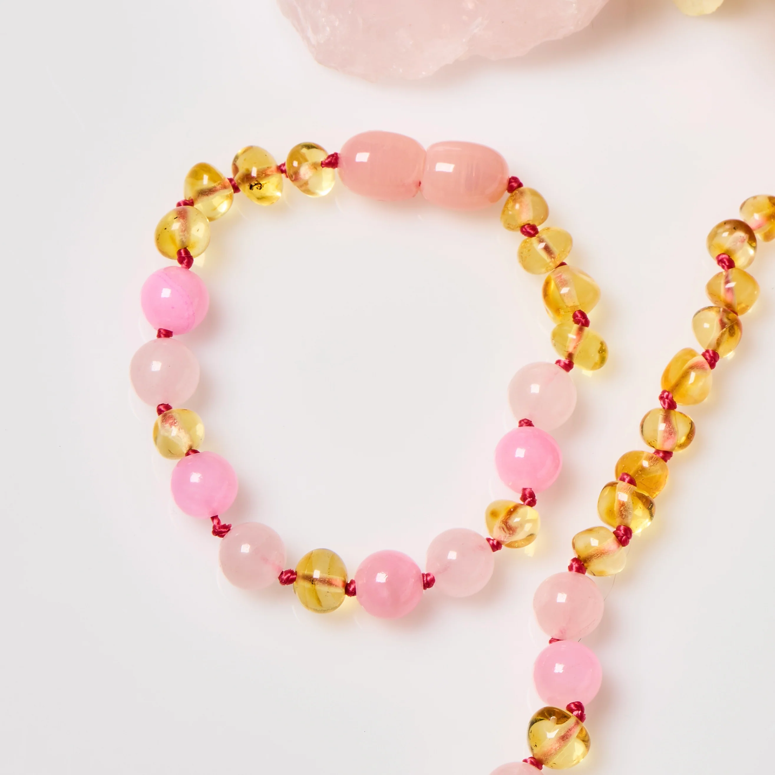 Children's Necklace + Bracelet Set - Honey Amber + Rose Quartz + Pink Jade - Image 3
