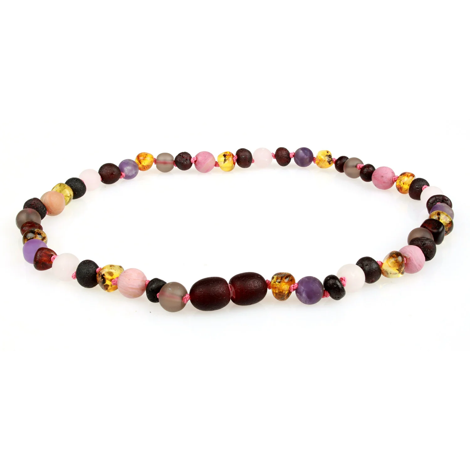 Baltic Amber Necklace - Cherry, Smoky Rose Quartz + Amethyst - Adult - Image 3